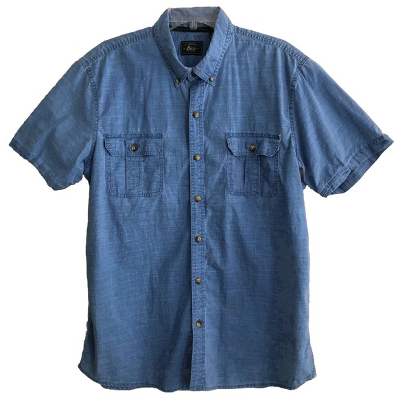 G H Bass Button Down Chambray Shirt Mens Sz XL Blue Short Sleeve Cotton Outdoors - Picture 2 of 12